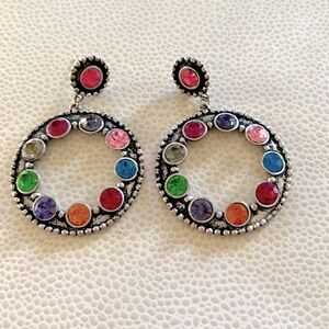 Door-Knocker Post Earrings with Colorful Gemstones Antique Metallic Finish